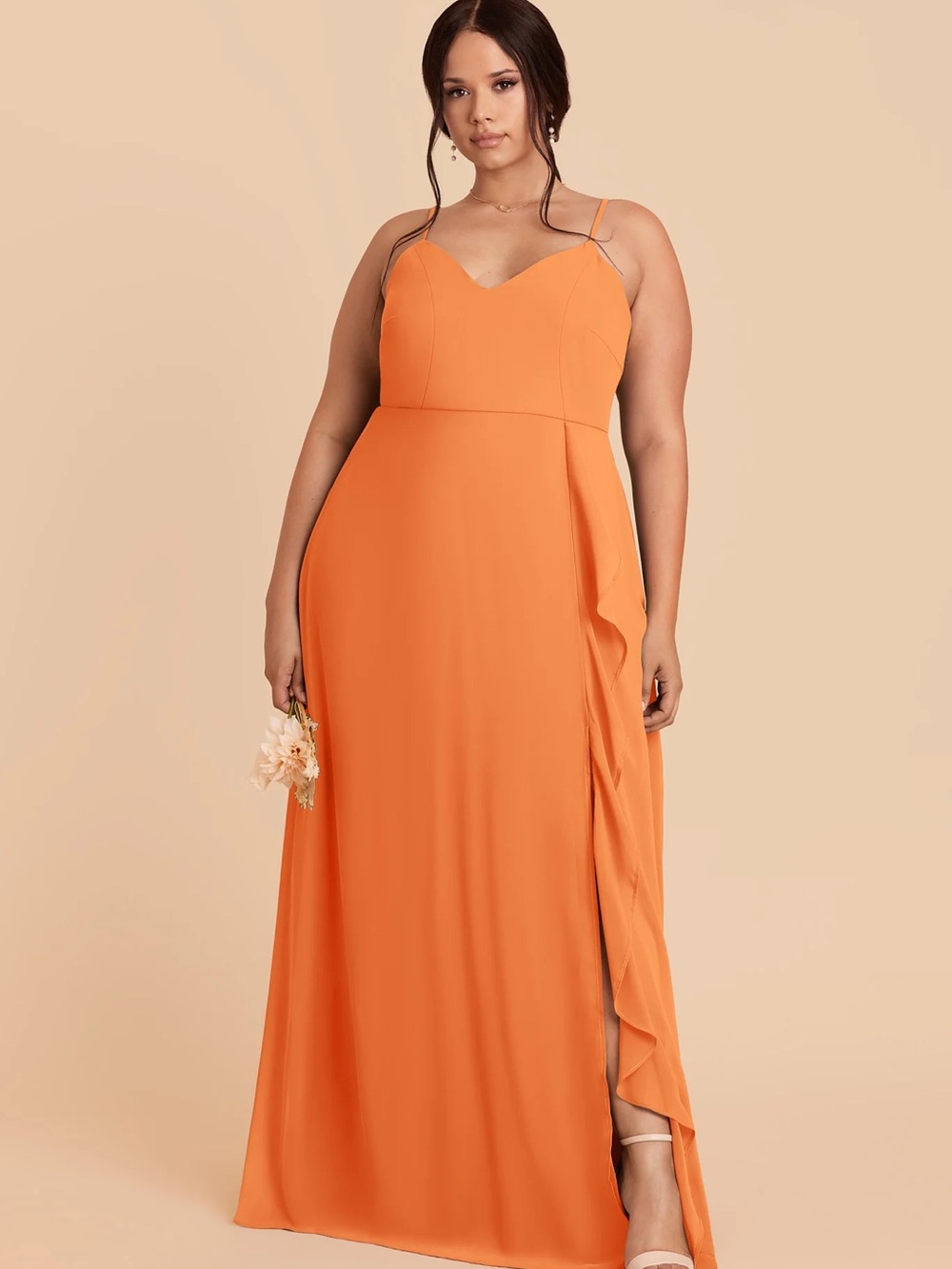 Birdy Grey Orange Spaghetti Strap Maxi Dress with Side Ruffle